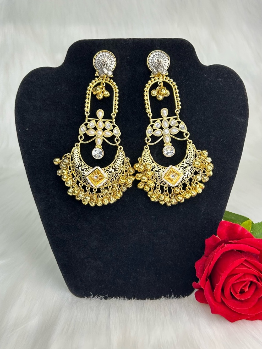 Elegant White Gold Silver Brass Kashmiri Earrings